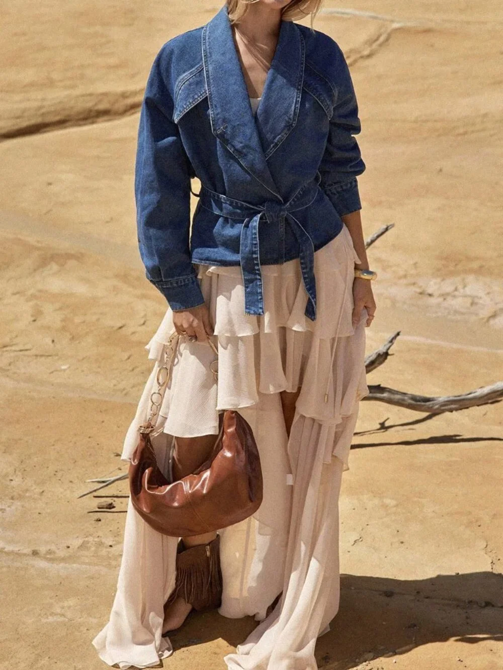 Blue Casual Women's Tie-Up Collar Denim Jacket
